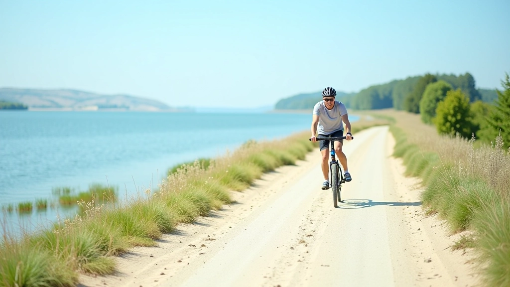 Velo ceļš pie Alūksnes ezera, zili ūdeņi, smilšains krasts