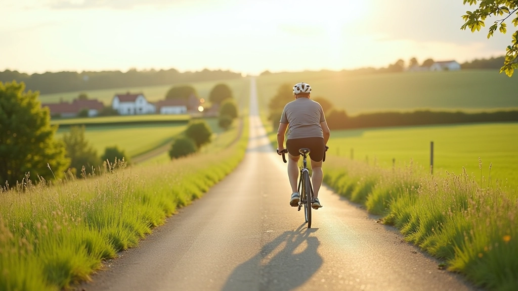 Ceļš ar rīpojošiem velobraucējiem, mazie ciemati uz horizonta