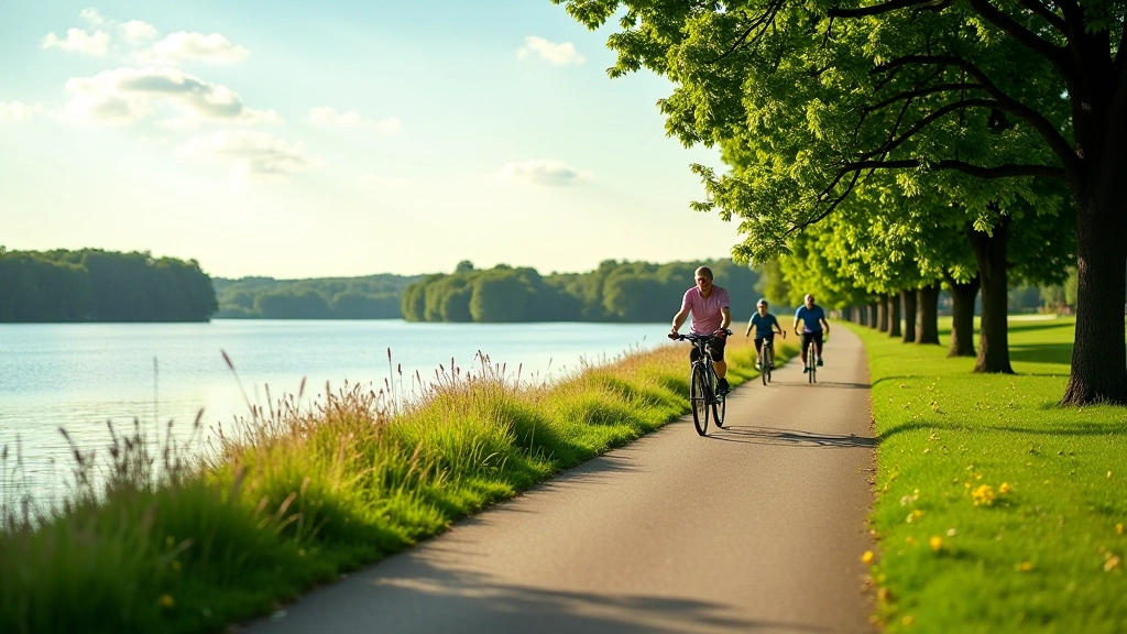 Velobraucēji Alūksnes ezera malā, skaists vasaras dienas laiks, koki gar ūdeni